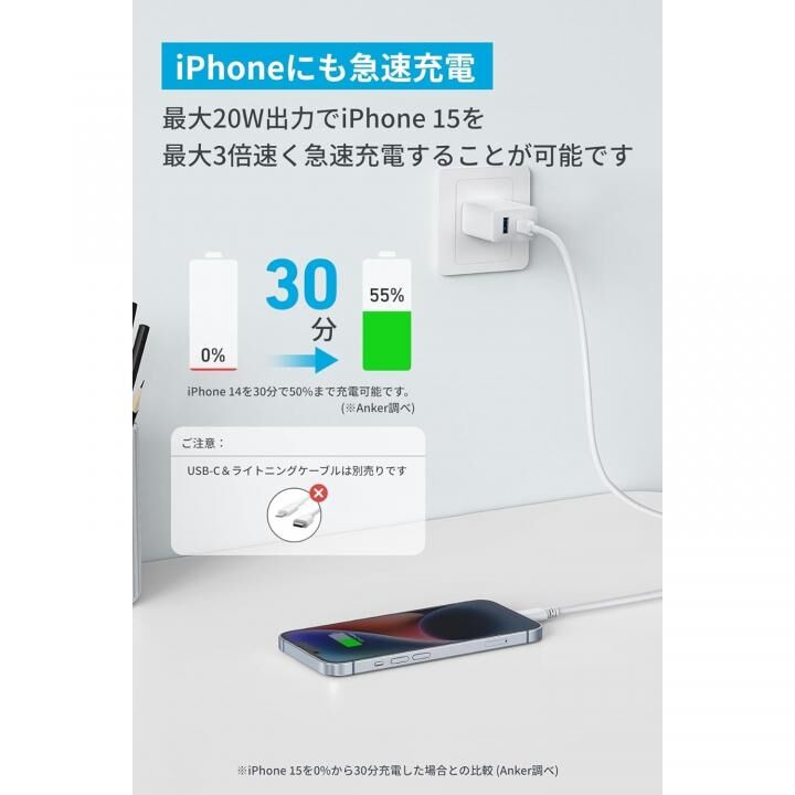 Anker Charger (20W, 2-Port) with USB-C & USB-C ケーブル