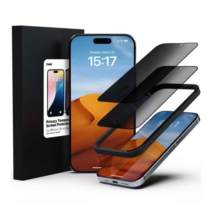 miak のぞき見防止強化ガラスフィルム 2枚入り iPhone 16 Pro Max