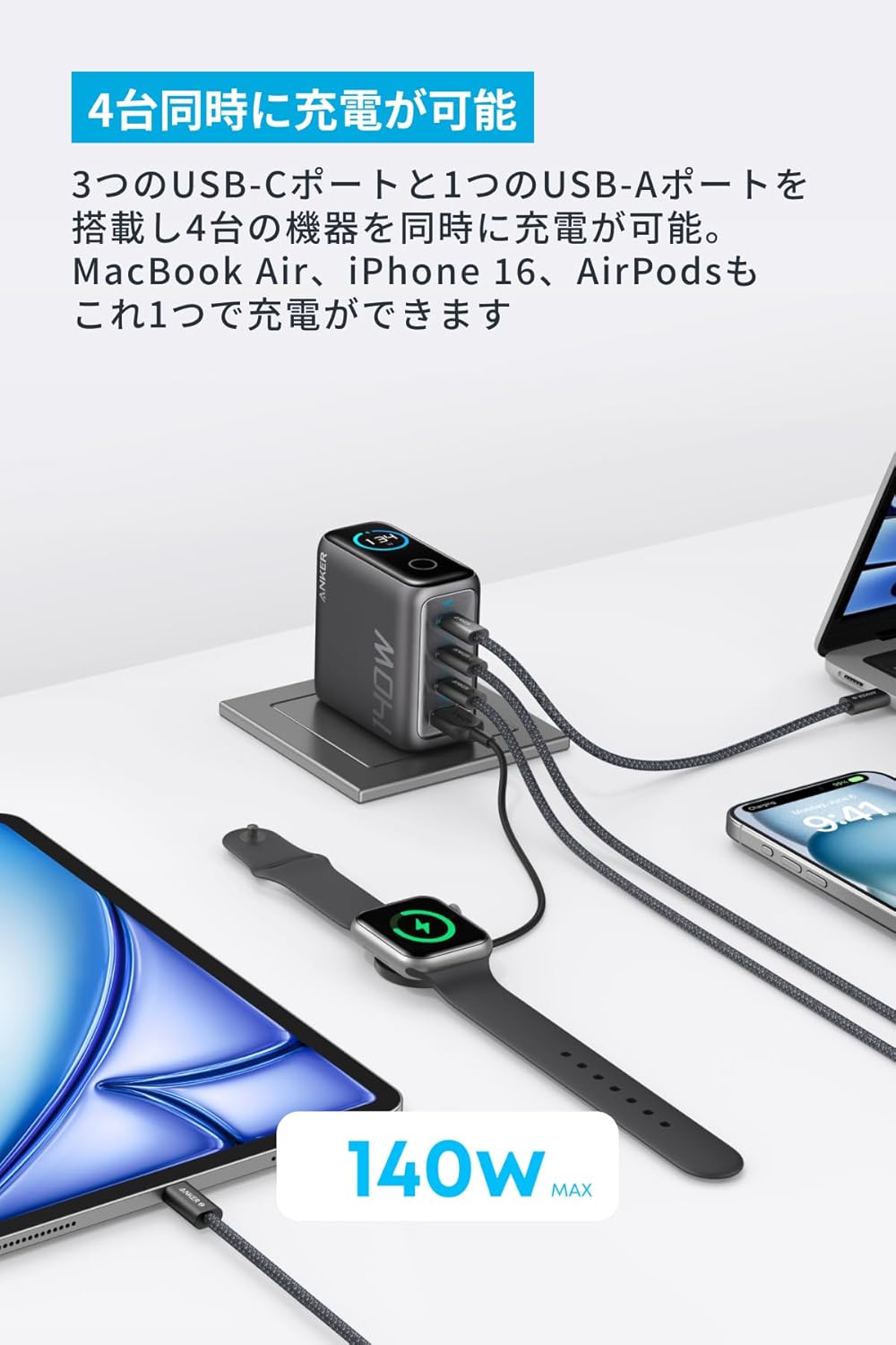 Anker Charger (140W, 4 Ports) with USB-C & USB-C ケーブル