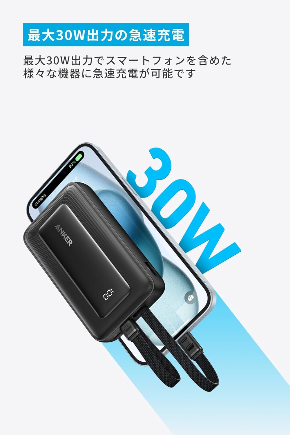 Anker Zolo Power Bank (10000mAh, 30W, Built-In USB-C / ライトニングケーブル)