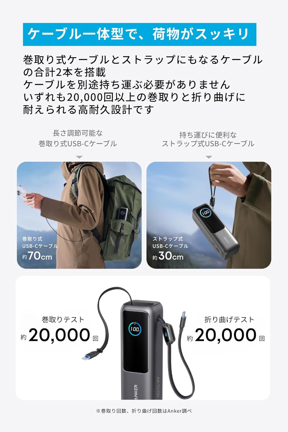 Anker Power Bank (25000mAh, Built-In & 巻取り式USB-Cケーブル)