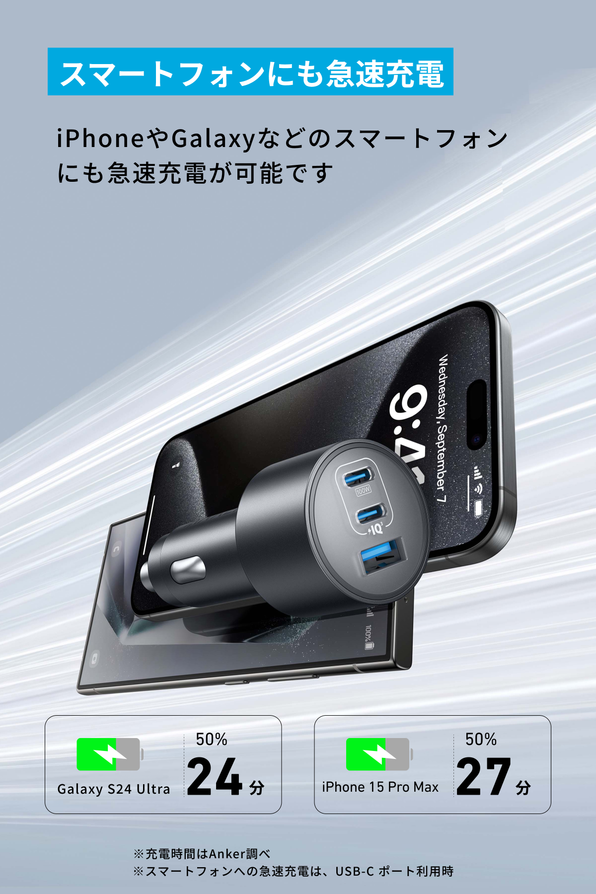 Anker Nano Car Charger (167.5W, 3 Ports) with USB-C & USB-C ケーブル