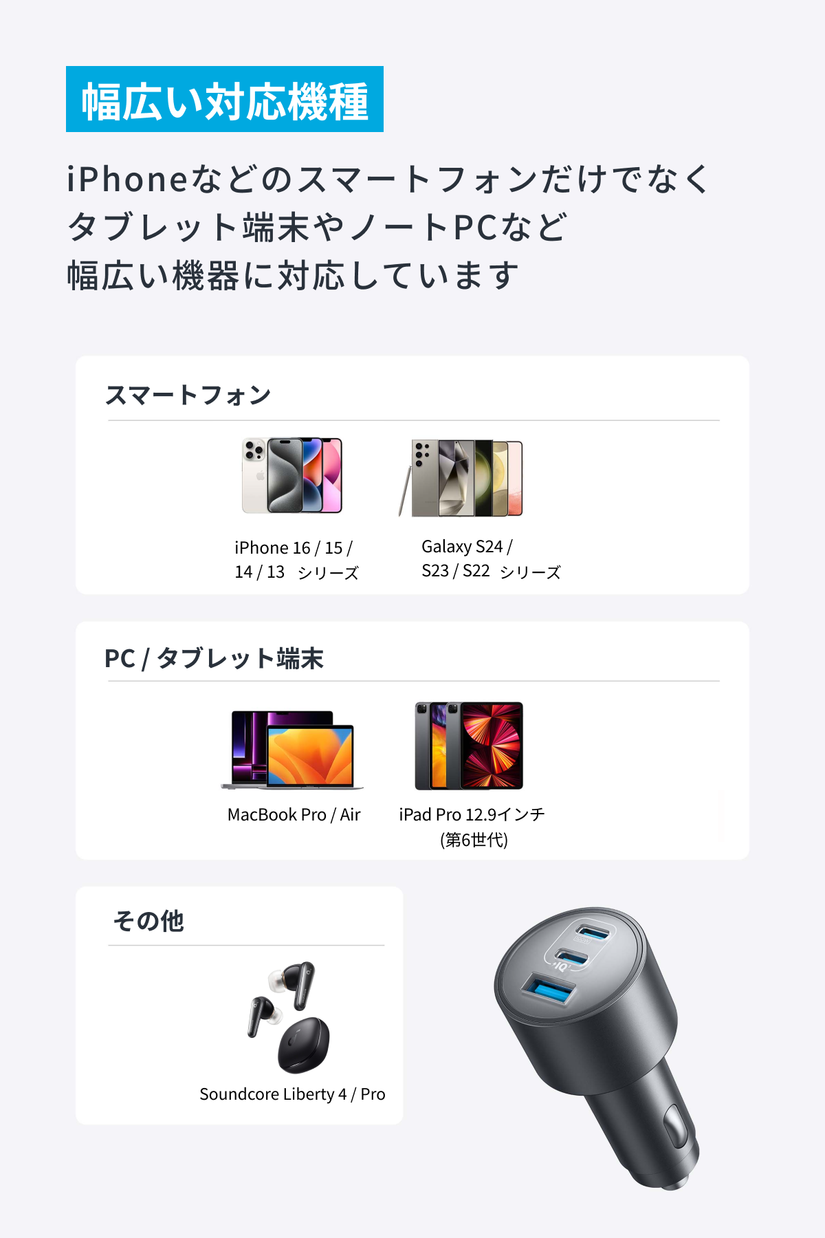Anker Nano Car Charger (167.5W, 3 Ports) with USB-C & USB-C ケーブル