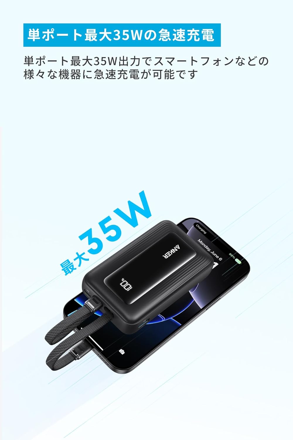 Anker Zolo Power Bank (10000mAh, 35W, Built-In Dual USB-Cケーブル)
