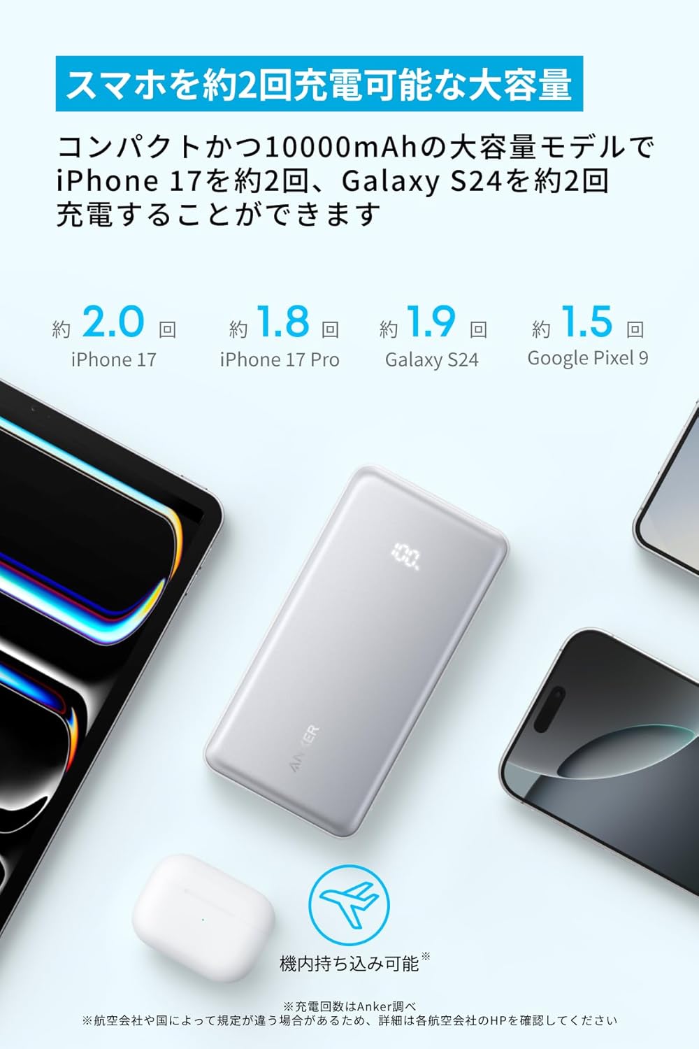 Anker Zolo Power Bank (10000mAh, 22.5W, Built-In USB-Cケーブル) ホワイト