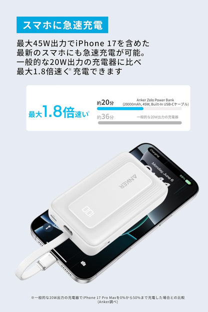 Anker Zolo Power Bank (20000mAh, 45W, Built-In USB-Cケーブル)