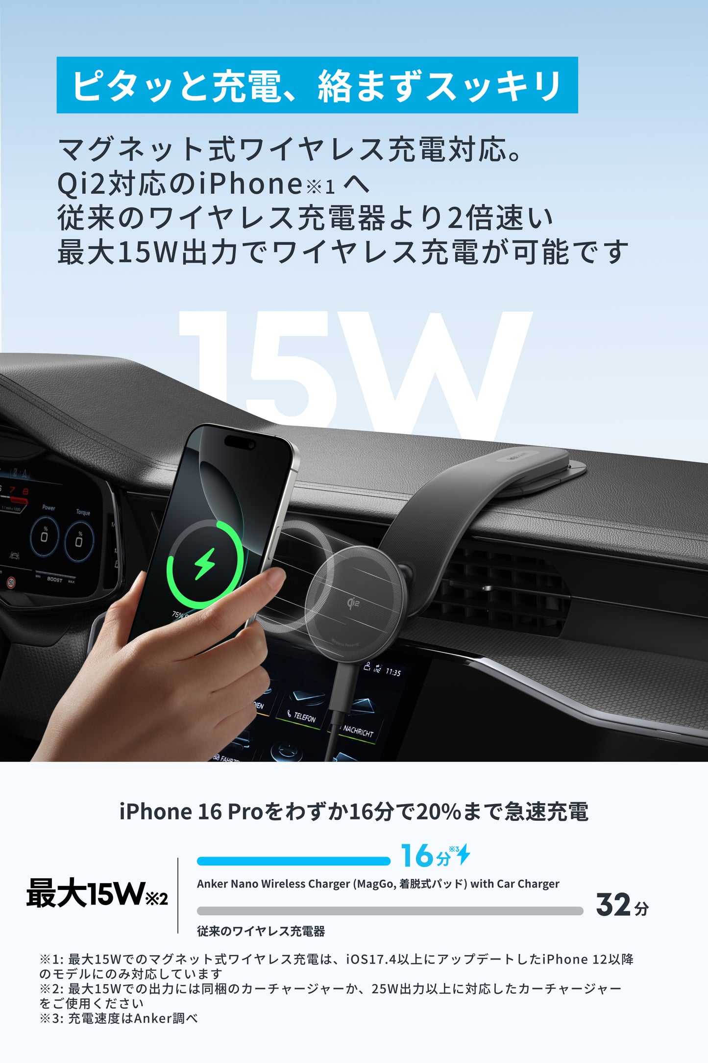 Anker Nano Wireless Charger (MagGo, 着脱式パッド) with Car Charger